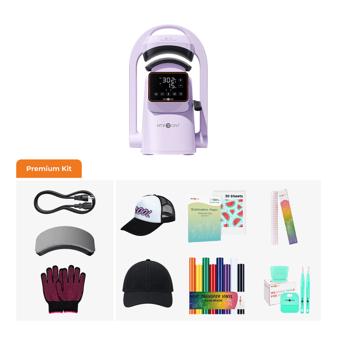 A lavender UV/LED nail curing machine shown above a collage labeled 'Premium Kit' with accessories including a charging cable, visor, gloves, hats, stickers, nail colors, and tools on a white background.（EU）