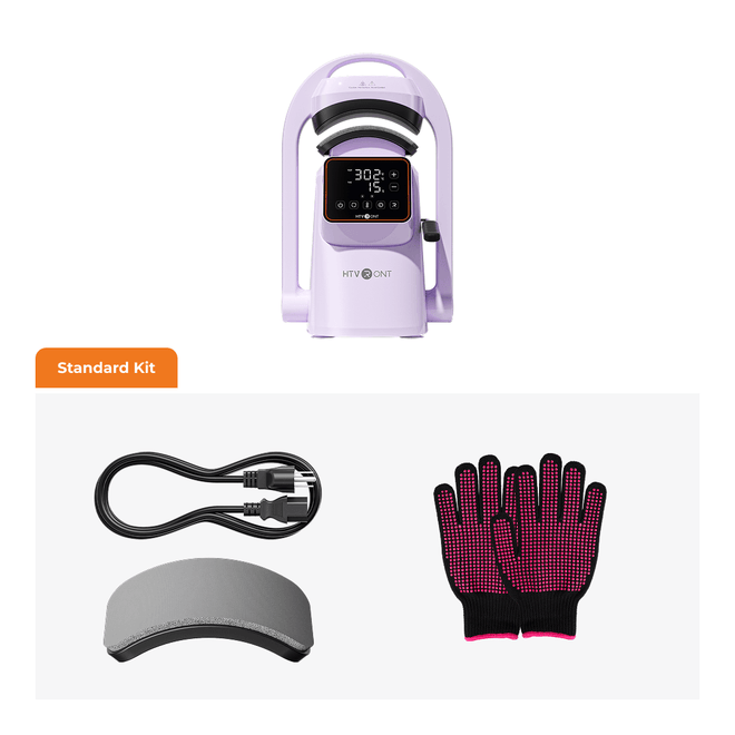A beauty device kit labeled 'Standard Kit' on a white background, featuring a lavender handheld device with a digital display, a black power cable, a gray curved accessory, and a pair of black-and-pink textured gloves.(EU)