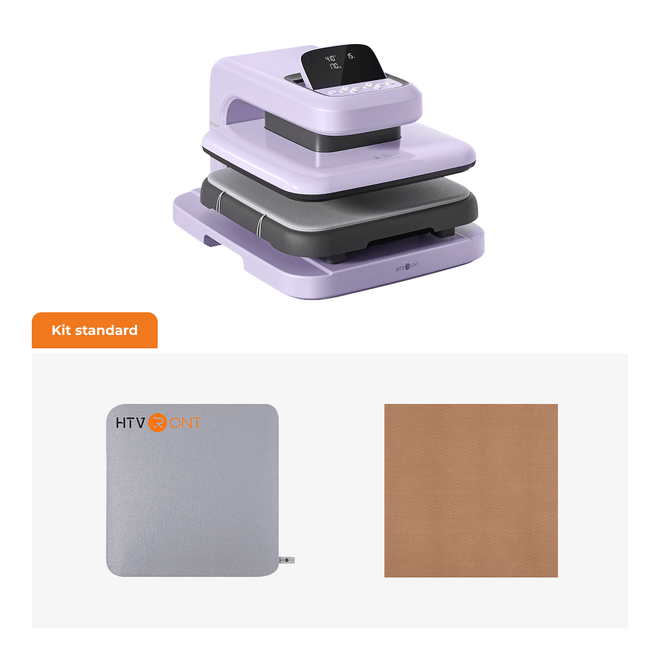 HTVONT kit standard showing a lavender and gray multi-layer flatbed scanner at the top, a gray HTVONT protective mat in the middle, and a brown textured sheet at the bottom right, on a white background.(FR)