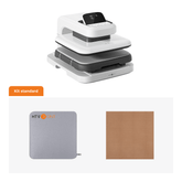 HTVONT kit standard showing a white and gray stacked device at the top, a gray square component labeled HTVONT at lower left, and a square brown material sample at lower right, on a white background.(FR)